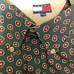 Tommy Hilfiger XL Oxford Button-Down Green Print Shirt Pocket Flag & Crest Logo
